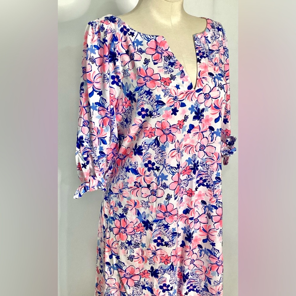 Lilly Pulitzer Pink and Blue Floral 3/4 Sleeve Cotton Dress - Picture 2 of 11